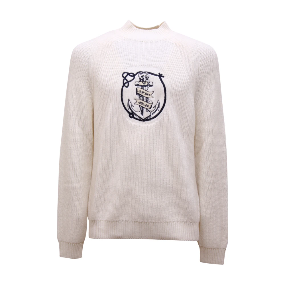 Armani Men's White Round-Neck Knitwear, M, Maglione Lupetto Wool/Cotton Jumper