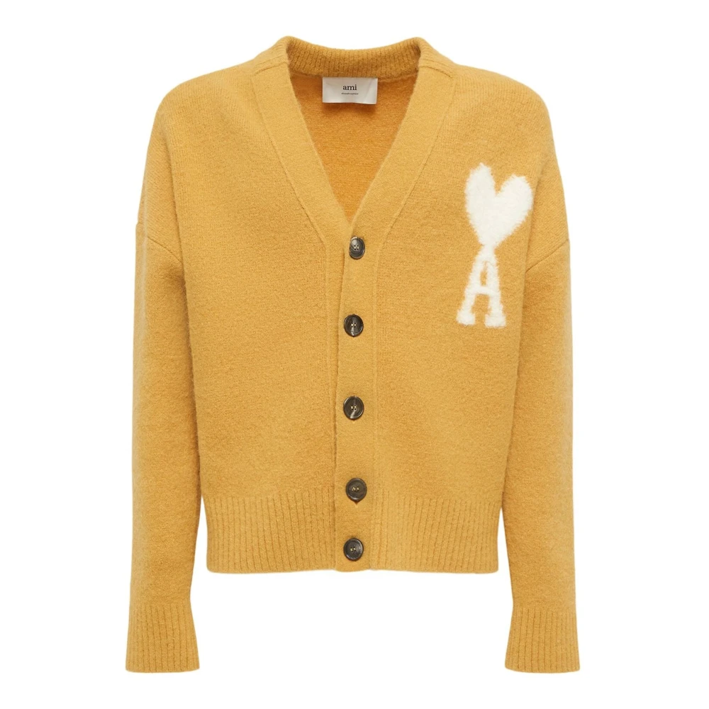 Ami Paris Gele Alpaca Cardigan met Ami de Coeur Monogram Yellow Heren