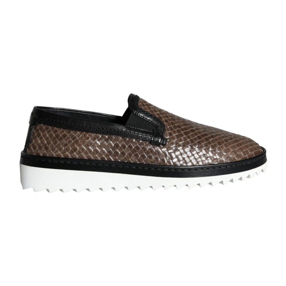 Dolce & Gabbana Men's Brown Black Leather Woven Loafers - Loafers - 7 1/2 Uk- Shoes
