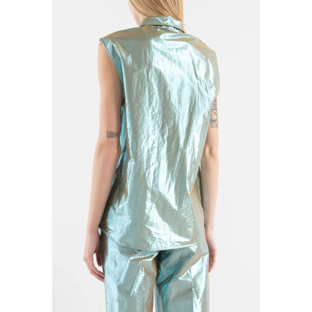 Tela Casual Overhemden Mouwloos Poplin Lurex Knoopsluiting Green Dames
