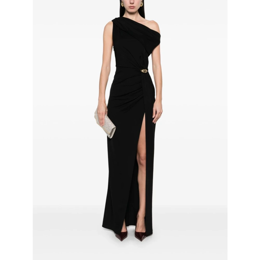 Elisabetta Franchi Zwarte Gedrapeerde Logo Detail Jurk Black Dames