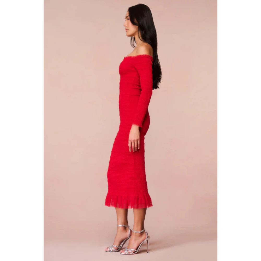 Loveshackfancy Smocked Tulle Midi Jurk met Ruches Red Dames