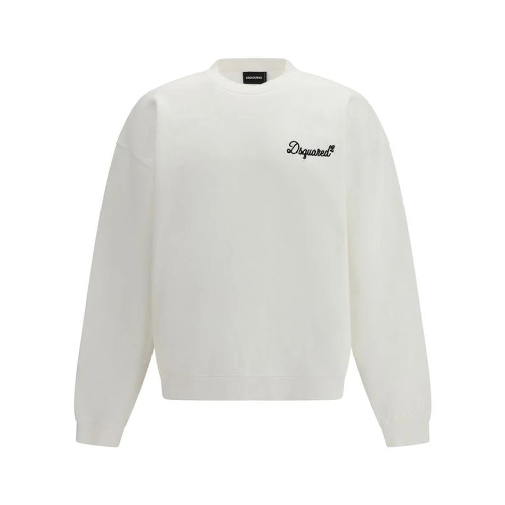Dsquared2 Men's White Sweatshirts, 2XL, Cotton Sweatshirt With Ribbed Crew Neck