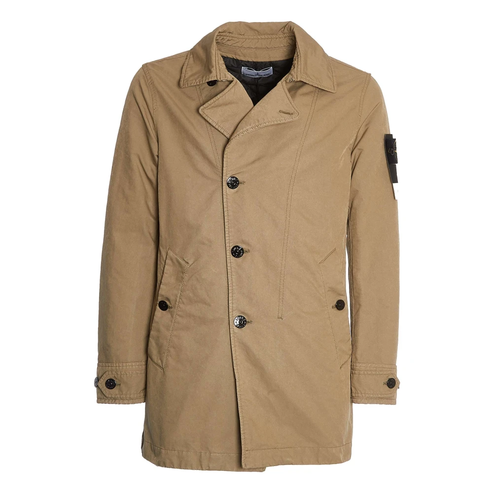 Stone Island Beige Gewatteerde Lange Jas Kraag Beige Heren