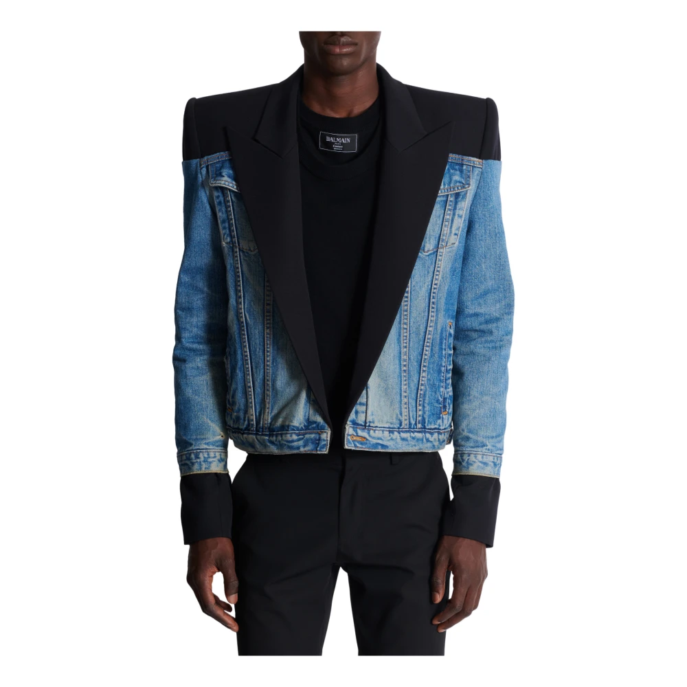 Balmain Geknipte denim- en graan de poudre-jas Black Heren
