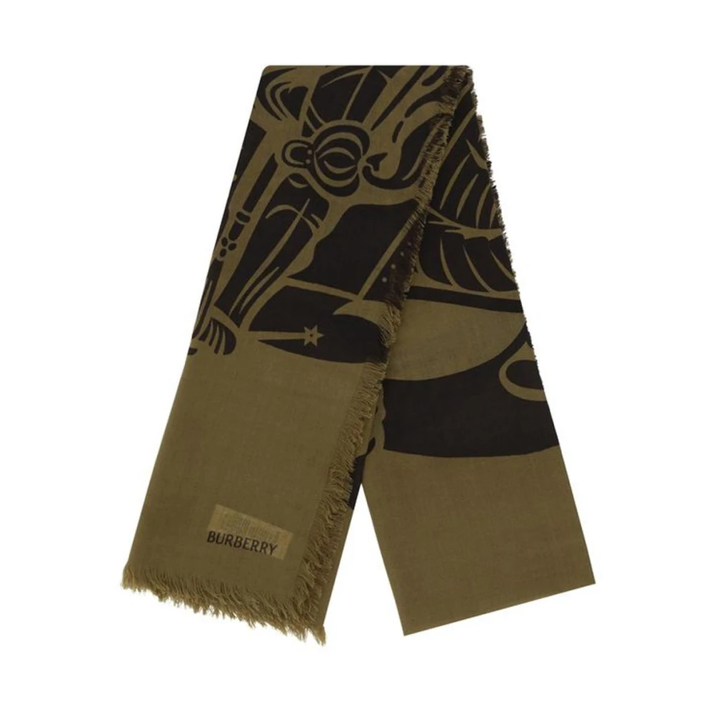Burberry Equestrian Knight Wollen Sjaal met Rafelranden Brown Dames