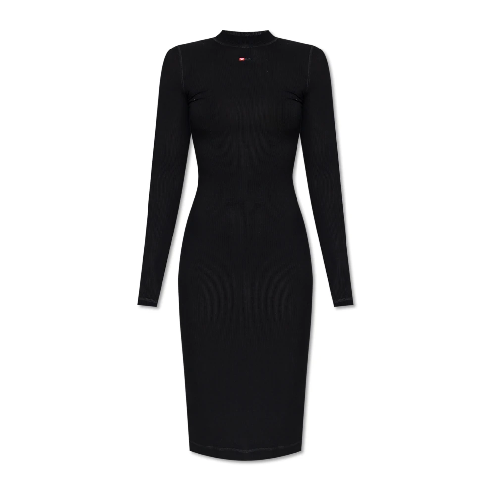 Diesel Ribgebreide Midi Jurk met Logoborduursel Black Dames