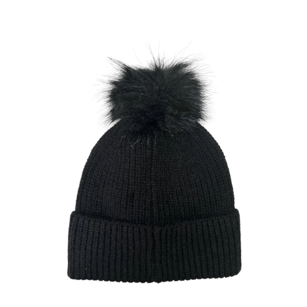 Molly Bracken Geribbelde acryl muts met nepbont pom Black Dames