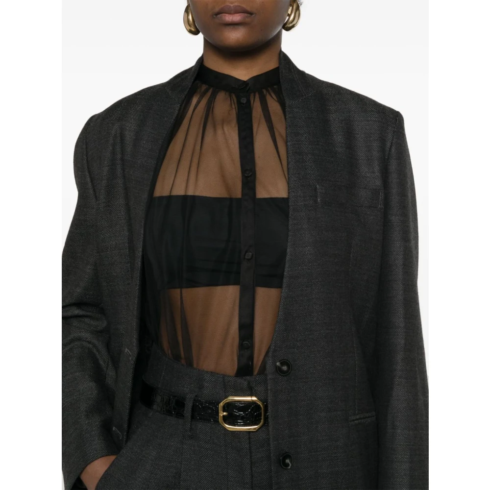 Forte Bohemian Shirt van Tule met Mandarin Kraag Black Dames
