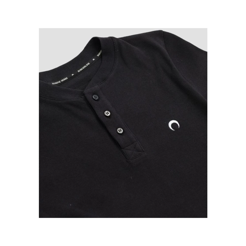 Marine Serre Slim Fit Henley T-Shirt met Moon Logo Borduursel Black Heren