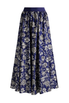 blue-floral-print-elastic-waistband-skirt