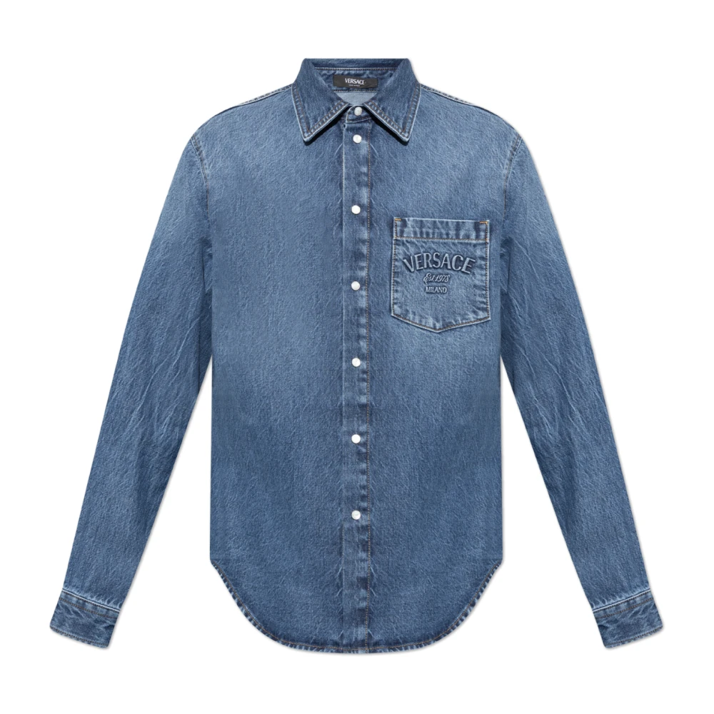 Versace Denim shirt met geborduurd logo Blue Heren
