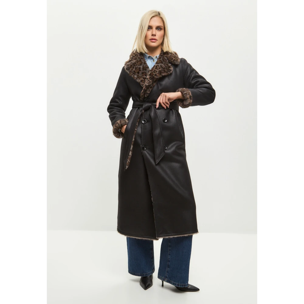 Cesare Gaspari Omkeerbare Faux Animal Print Shearling Lange Jas Black Dames