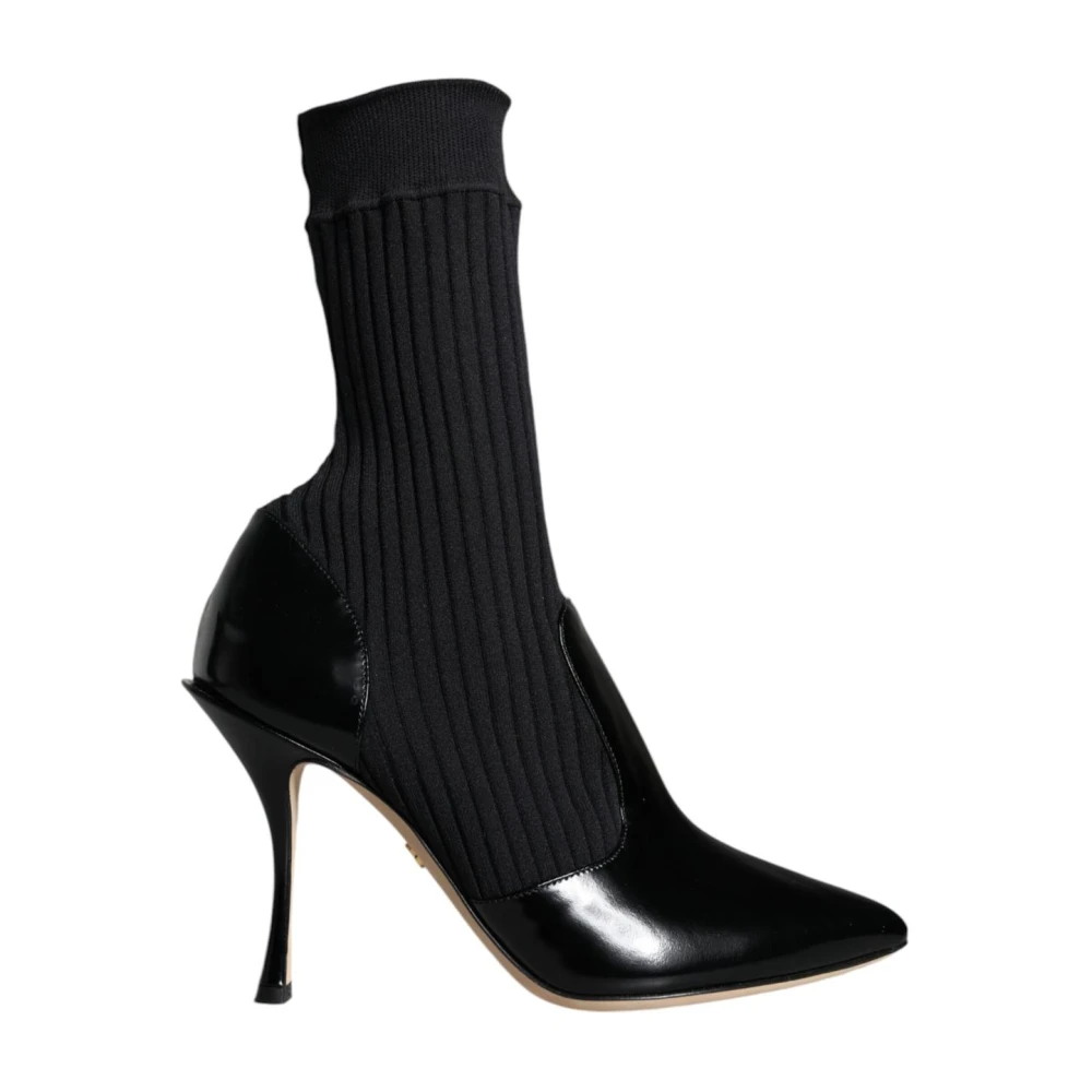 Dolce & Gabbana Women's Black Heeled Boots, 3 Uk, Patent Leather Ribknit Bootie