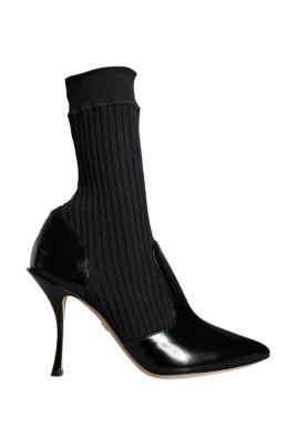 Svart Patentläder Ribbstickad Bootie