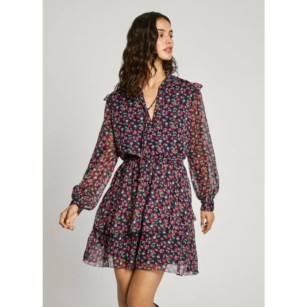 Pepe Jeans Bloemen Chiffon Mini Jurk met Ruches Multicolor Dames