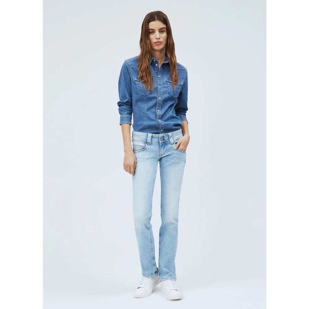 Pepe Jeans Blauwe Denim Power Stretch Straight Leg Broek Blue Dames