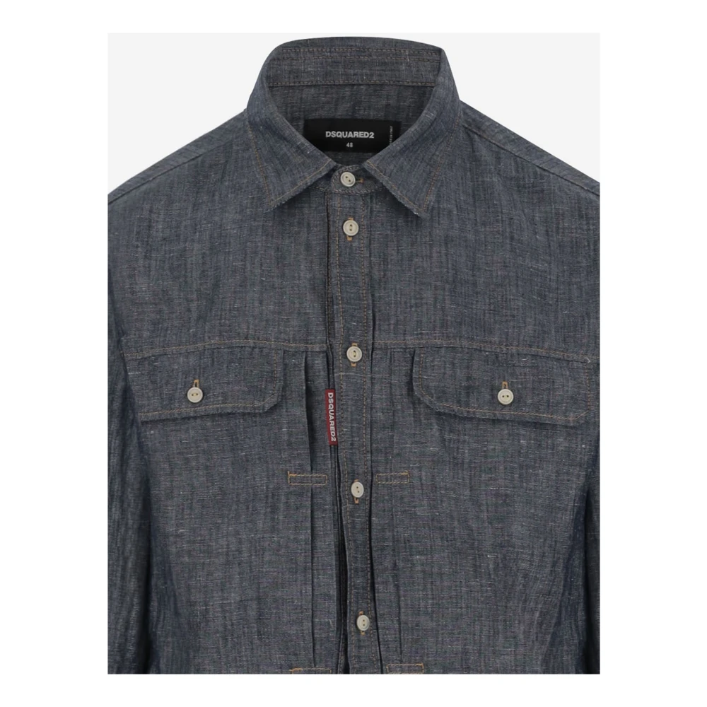 Dsquared2 Navy Katoenen Linnen Overhemd met Kraag Blue Heren