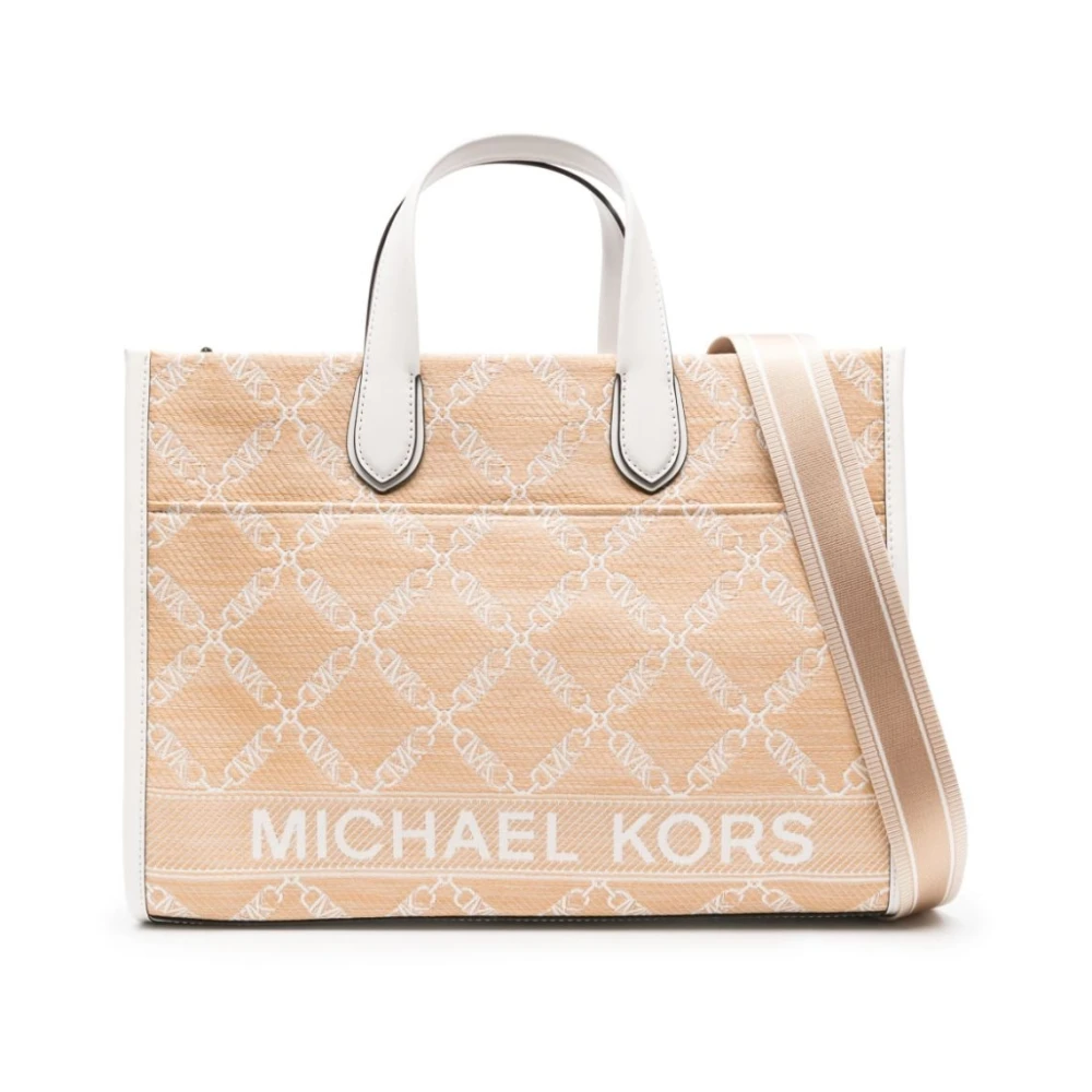 Michael Kors Women's Beige Straw Leather Trim Monogram Jacquard Bag