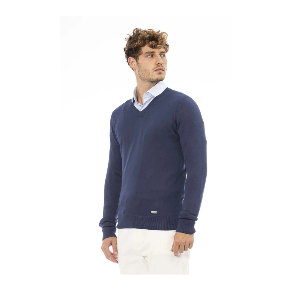 Baldinini Blauwe V-hals Modal Kasjmier Trui Blue Heren