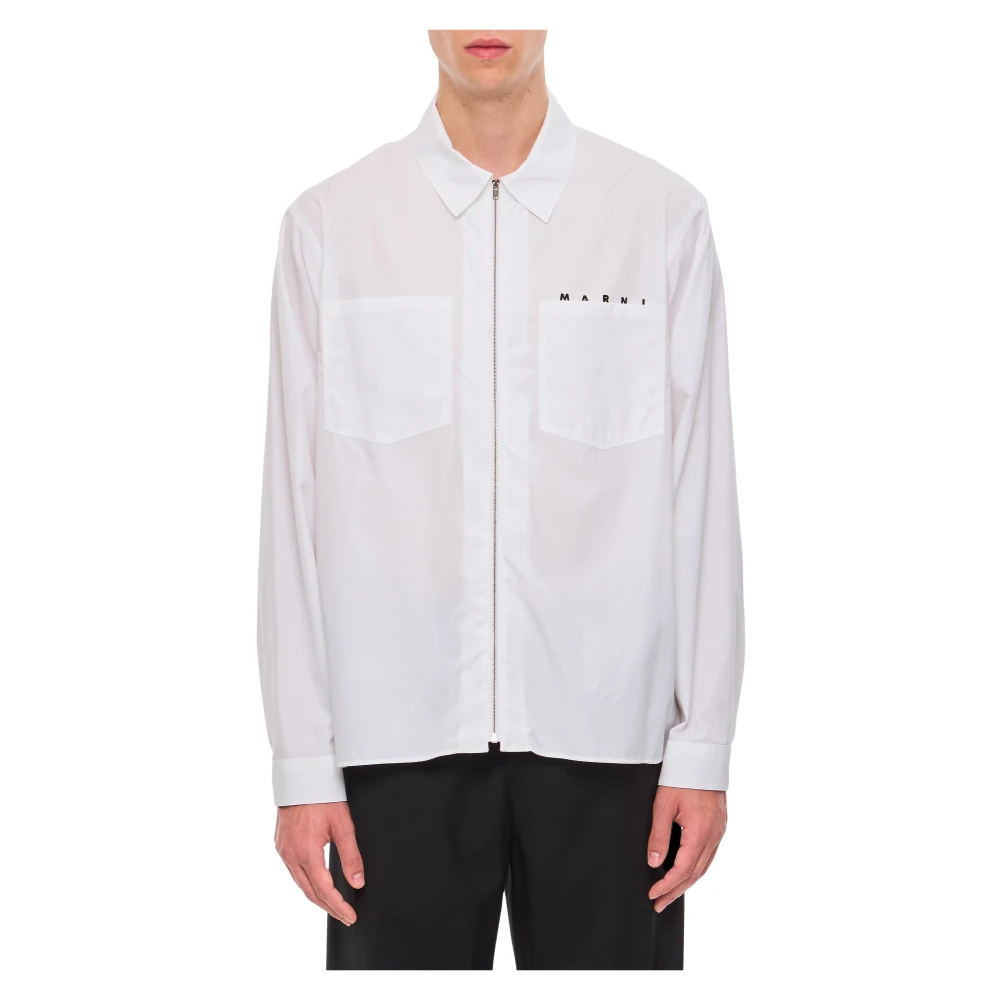Marni Men's White Light Jackets, M, Poplin Zip Shirt With Hidden Logo