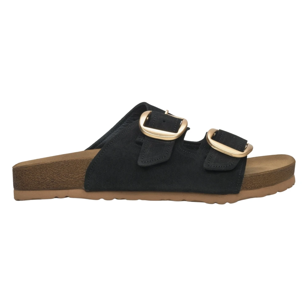 Estro Black Sliders, Female, 6 Uk, Velour Slide Sandals With Thick Straps