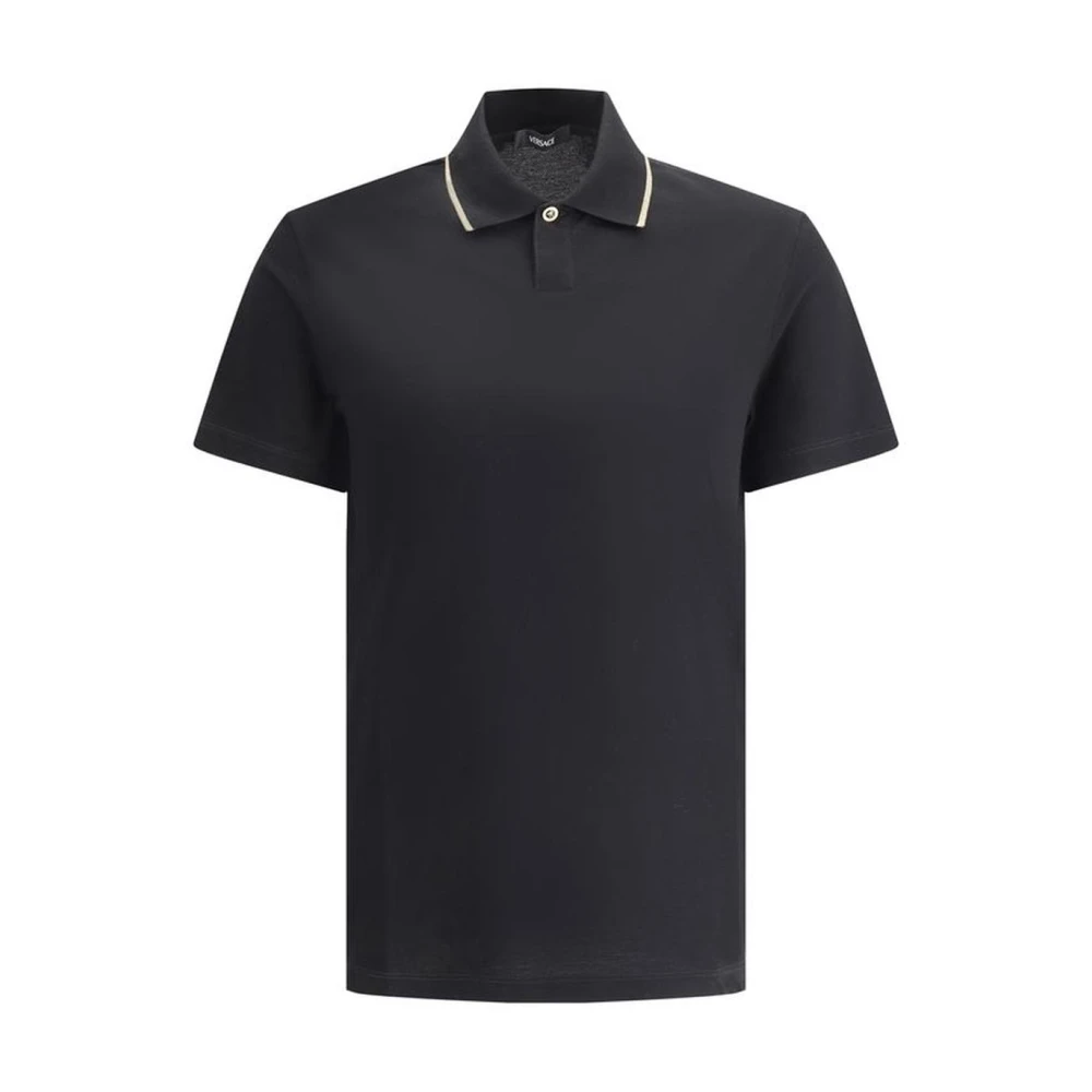 Versace Monochrome Polo Shirt met Geribbelde Kraag Black Heren