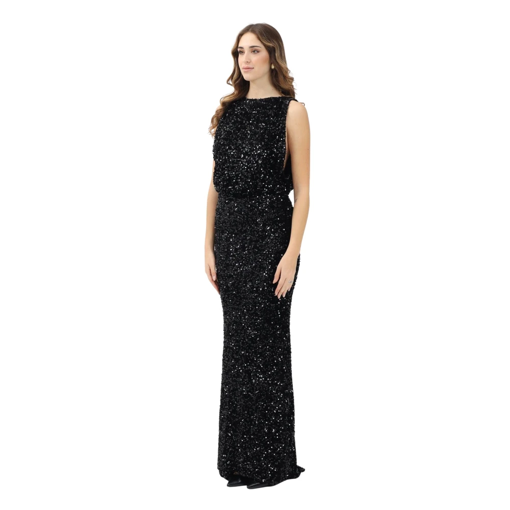 Elisabetta Franchi Zwarte pailletten boothals lange jurk Black Dames