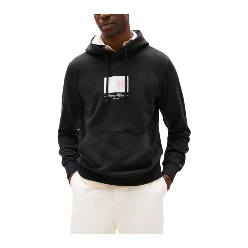 Tommy Hilfiger Men's Black Hoodies, Xs, Cotton Printed Hooded Sweatshirt With Front Pockets