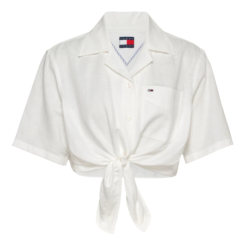 Tommy Jeans Women's White Shirts,, Short Sleeve Cuban Collar Shirt Extra Small