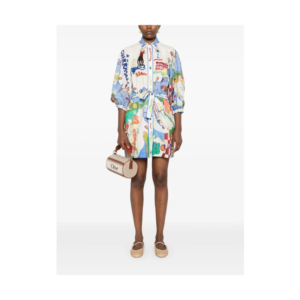 Alemais Illustratie-stijl Linnen Jurk met Pofmouwen Multicolor Dames