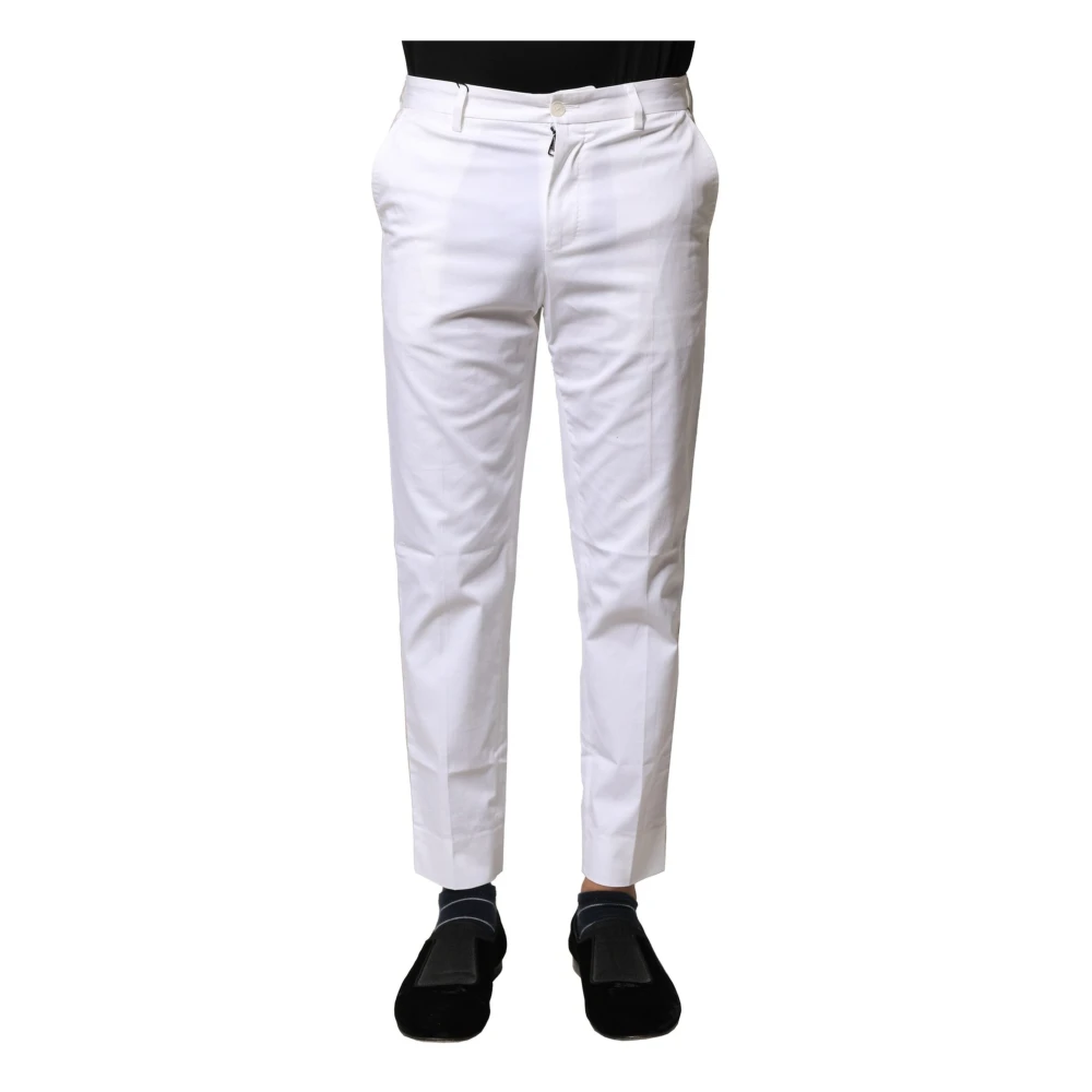 Dolce & Gabbana , Slim-Fit Trousers, Male, White, Xs, White Cotton Logo Tapered Trousers