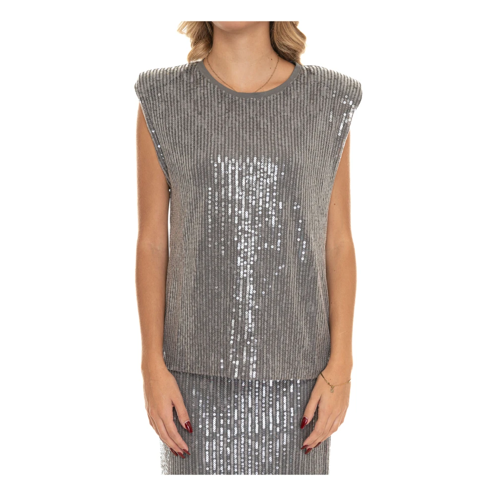 Liu Jo Paillet Ronde hals T-shirt met Gewatteerde Schouders Gray Dames