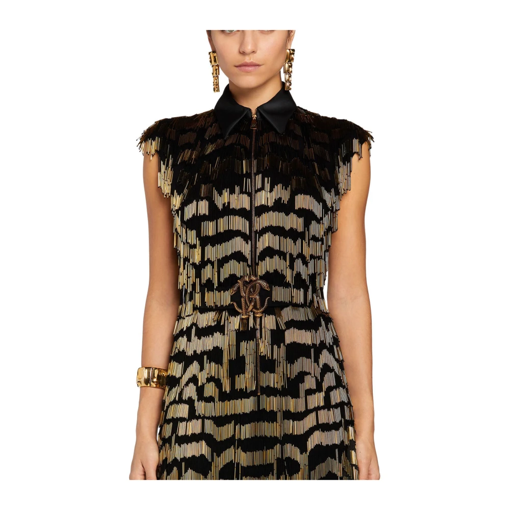 Roberto Cavalli Spiegel Snake Jurk met kralenfranje Black Dames