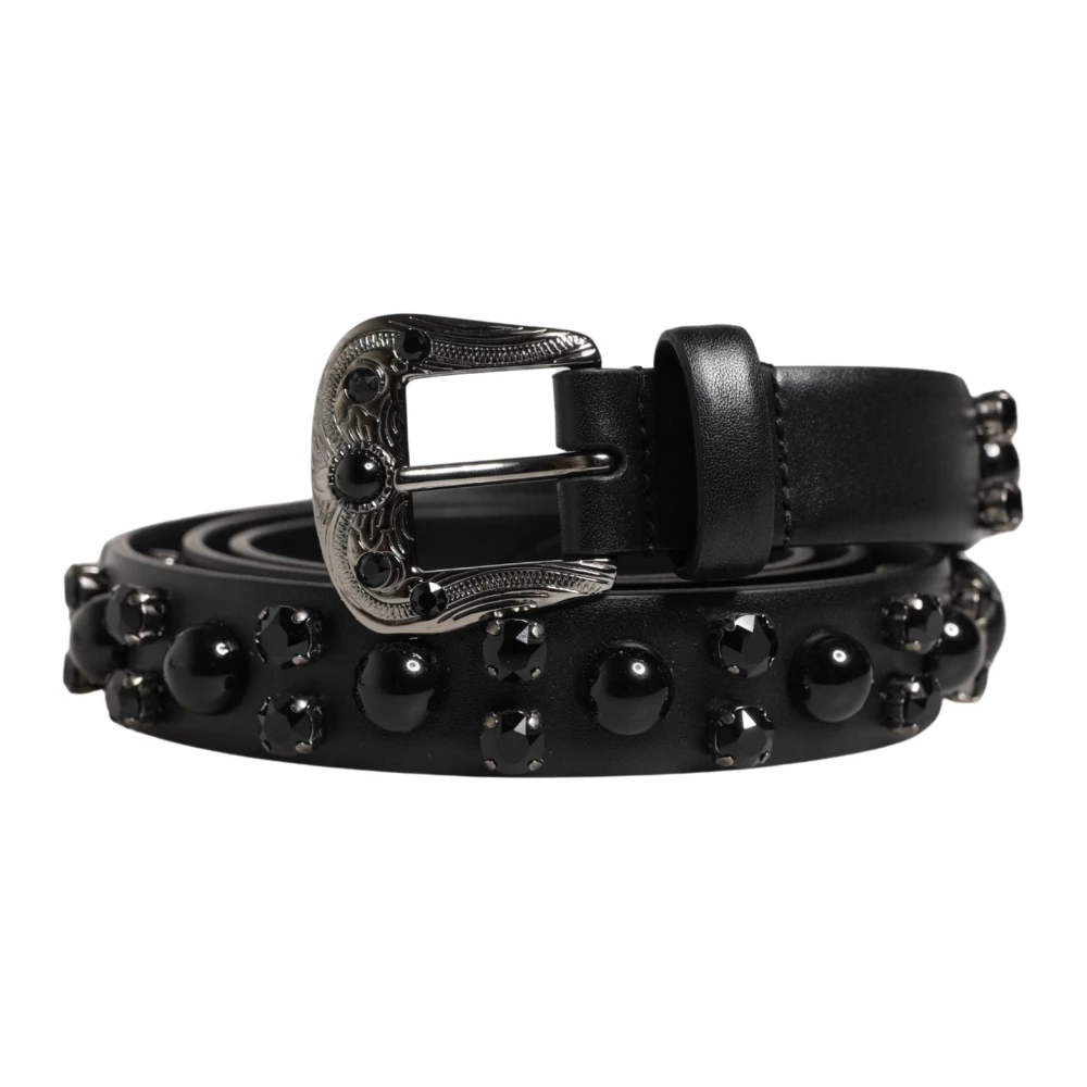 Dolce & Gabbana Men's Black Calf Embellished Metal Buckle Belt