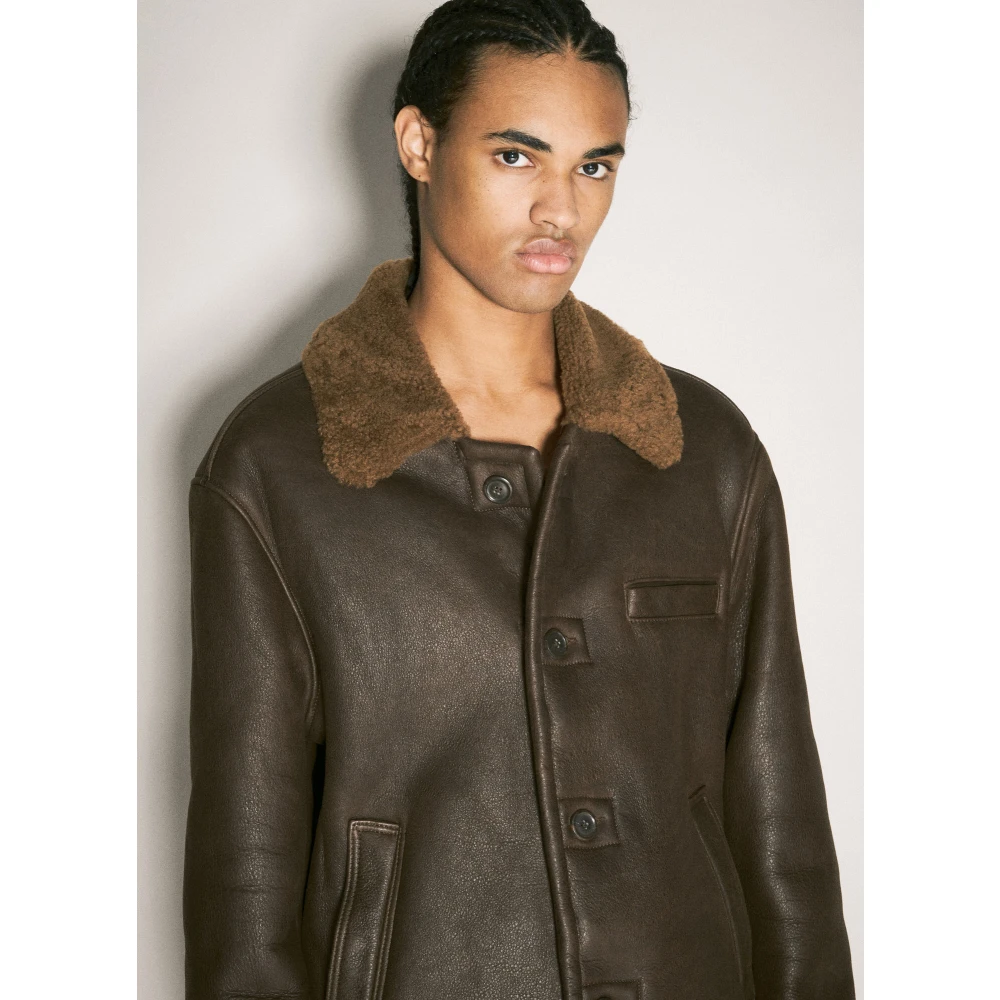 Our Legacy Leren Jas met Shearling Kraag Brown Heren