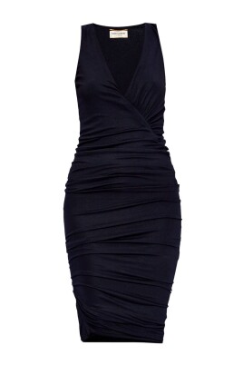 blue-ruched-v-neck-sleeveless-dress