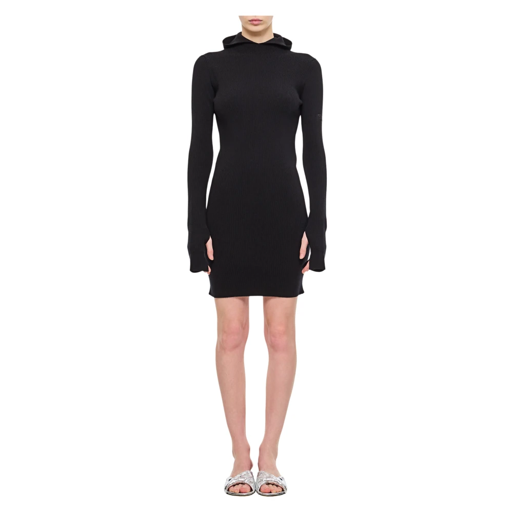 Fendi Women's Black Knitted Dresses, S, Hooded Ribbed Mini Dress