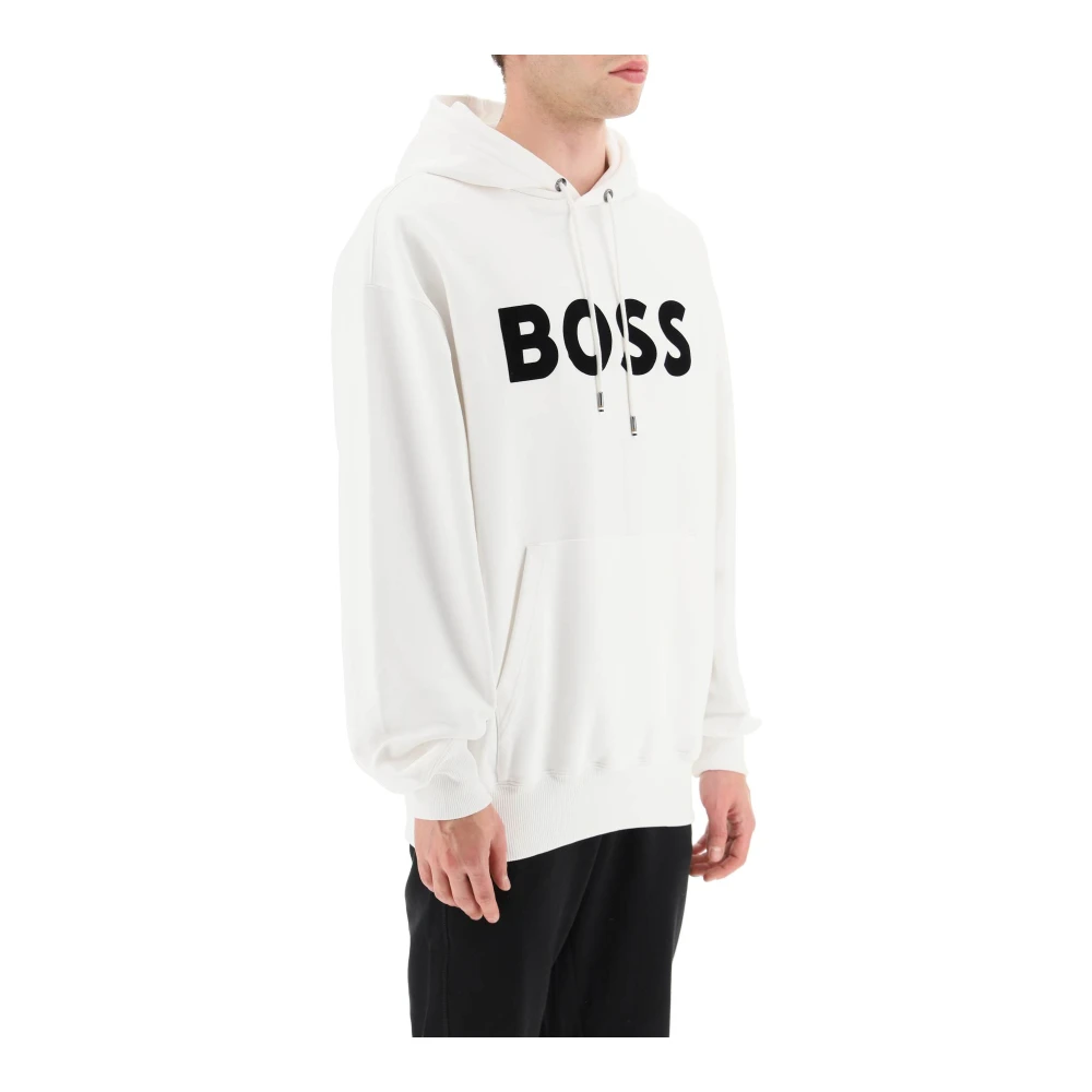Boss Logo Hoodie met Statement Print Klassieke Witte Katoenen Sweatshirt White Heren