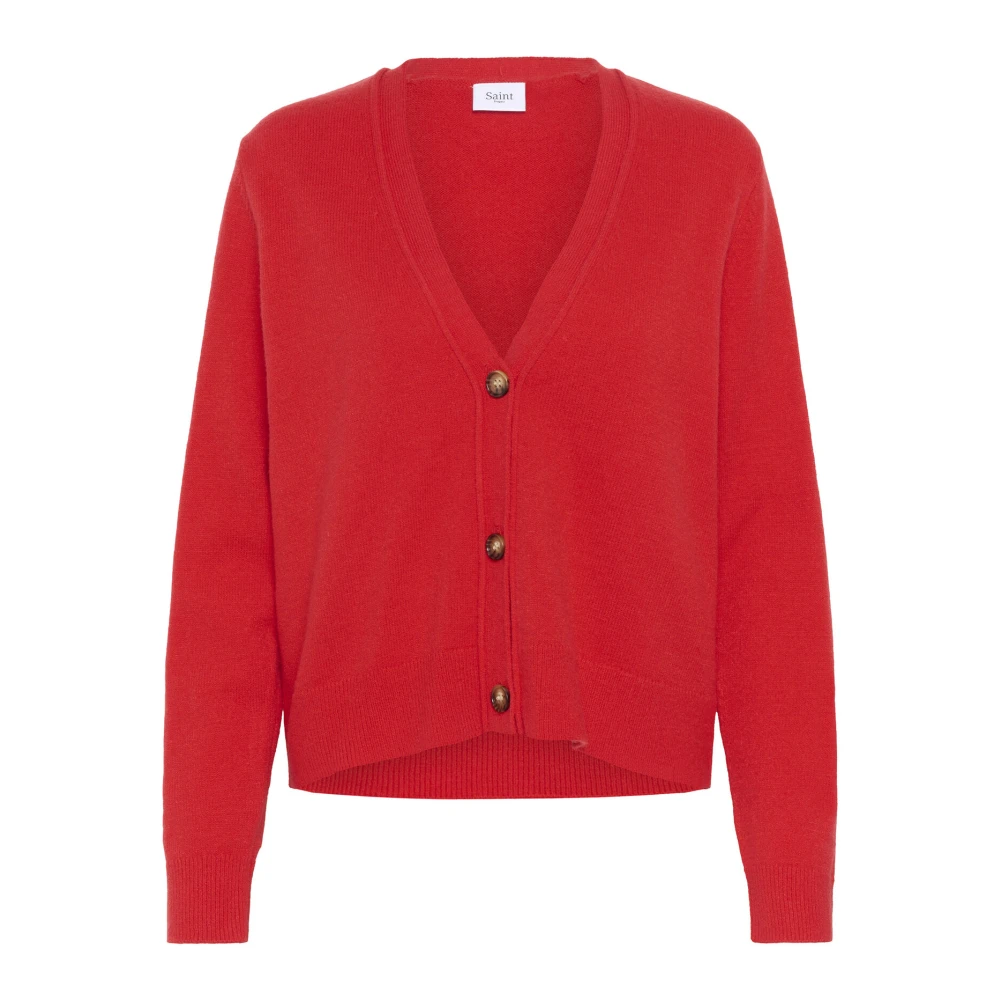 Saint Tropez Röd Stickad Cardigan Invasz Flame Red, Dam