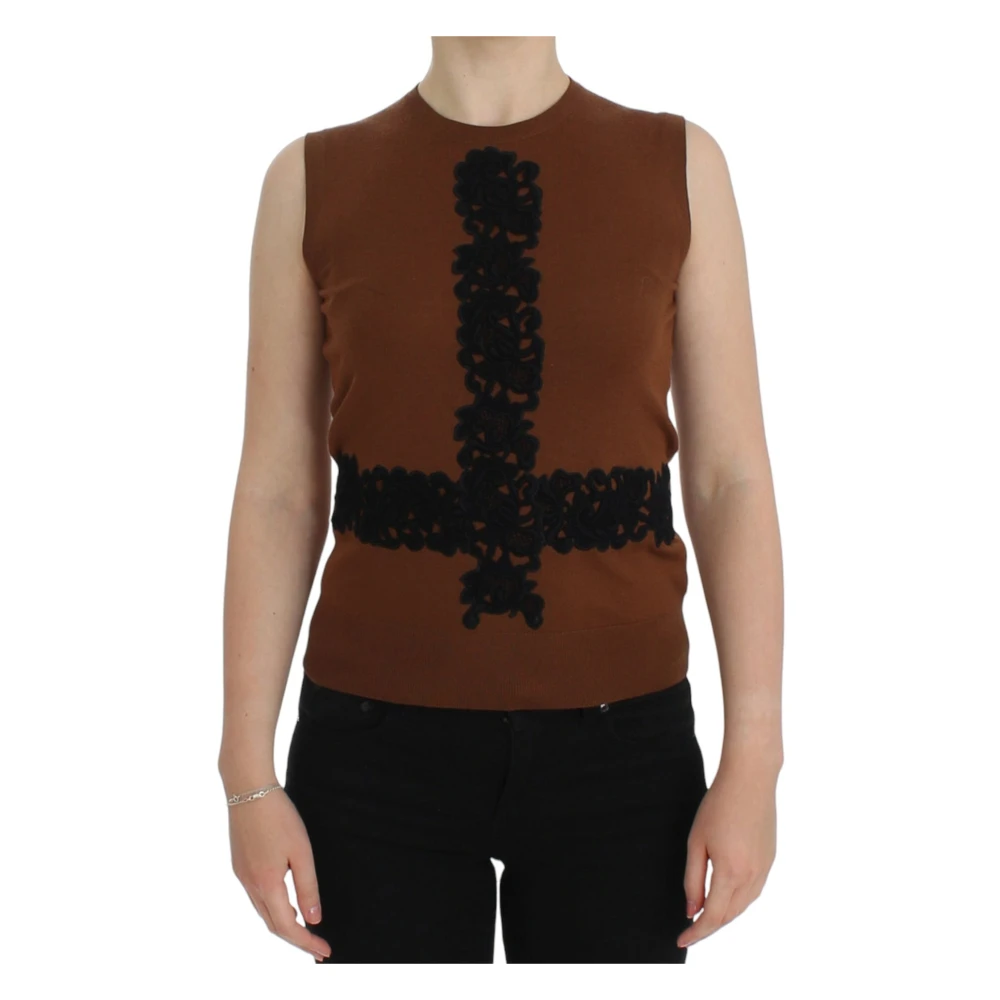 Dolce & Gabbana Brown Wool Black Lace Vest Sweater Top - IT38|XS - Image 2
