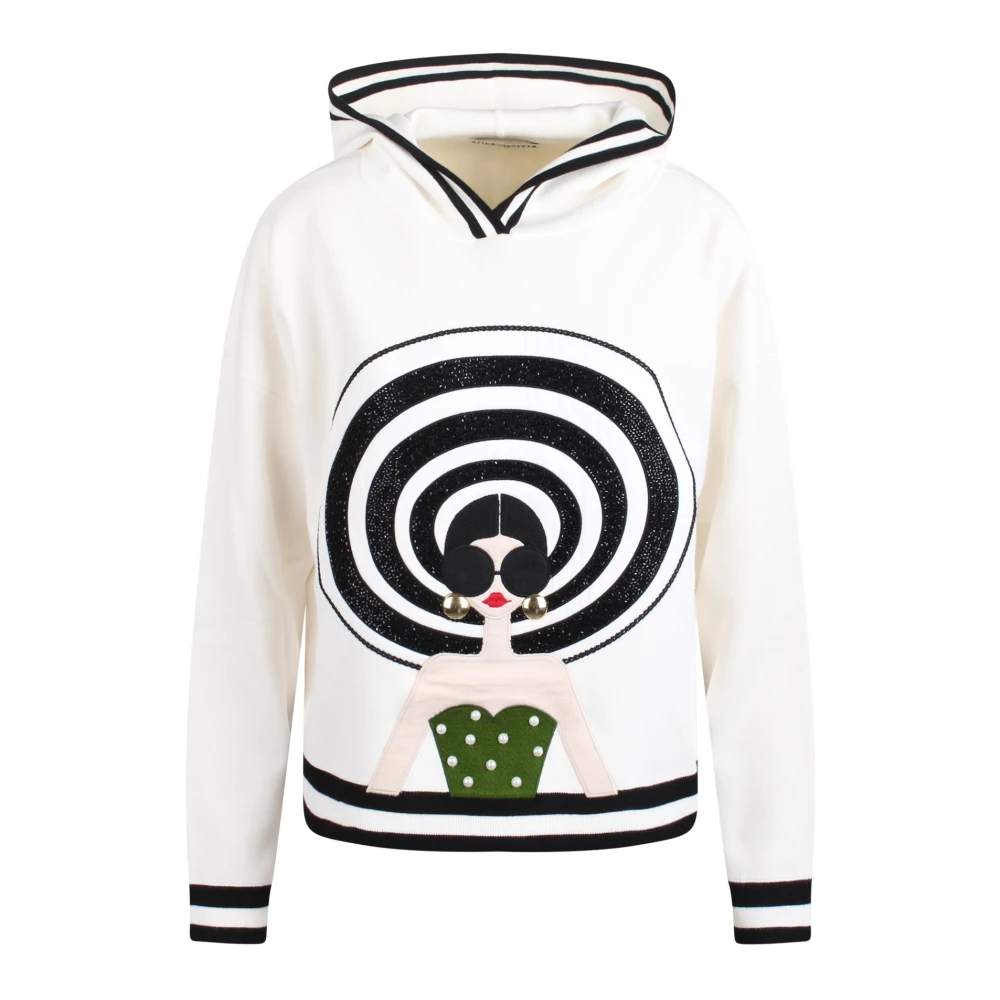 Alice + Olivia Staceface Stickad Hoodie med Grafiskt Tryck White, Dam