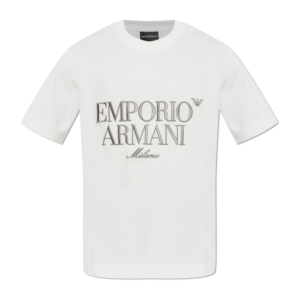 Emporio Armani Mannelijk Wit Heavy Jersey T-Shirt Met Geborduurd Logo In Reliëf