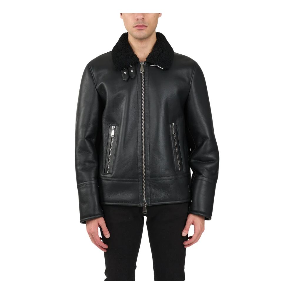 Dondup Shearling Leren Jas met Ritssluiting Black Heren