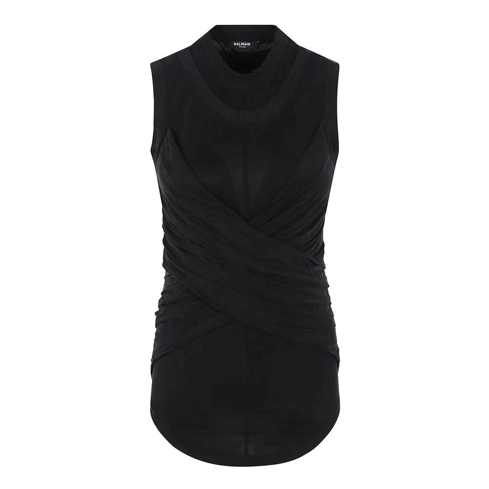 Balmain Zwarte Mouwloze Gedrapeerde Top Black Dames