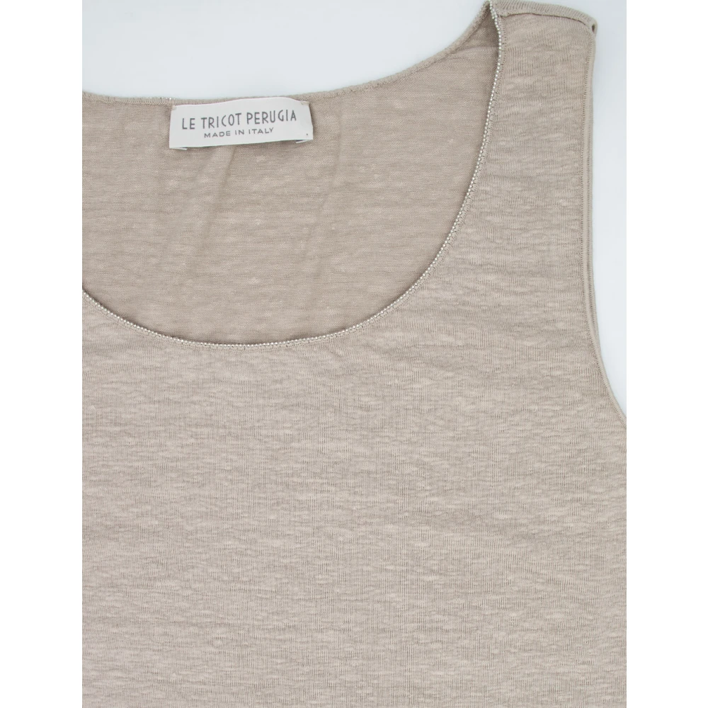 Le Tricot Perugia Aansluitende Top van Stretch Linnen Beige Dames