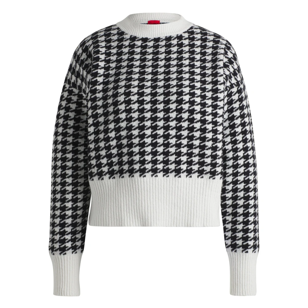 Hugo Boss Oversized Bouclé Pullover met Houndstooth Patroon Black Dames