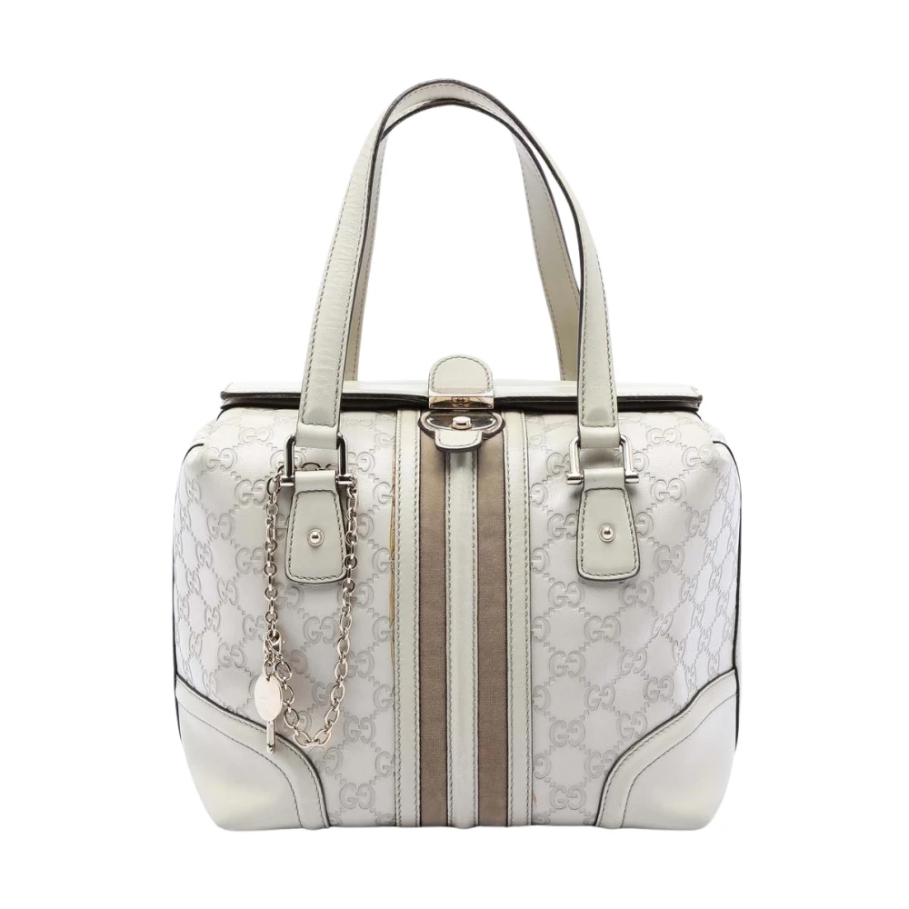 Gucci Vintage Women's White Pre-Owned Embossed Monogram Leather Boston Bag