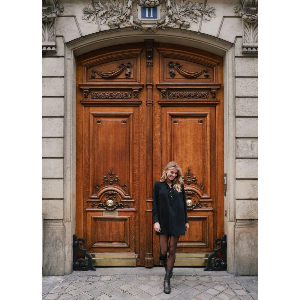 NEO NOIR Denim Jurk met Volant Details Black Dames