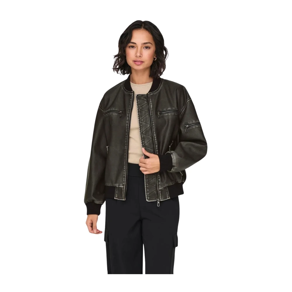 Only Vintage Leren Jas met Ritsmouw Black Dames